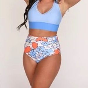 Palmloam, blue, white, coral/orange swimsuit set